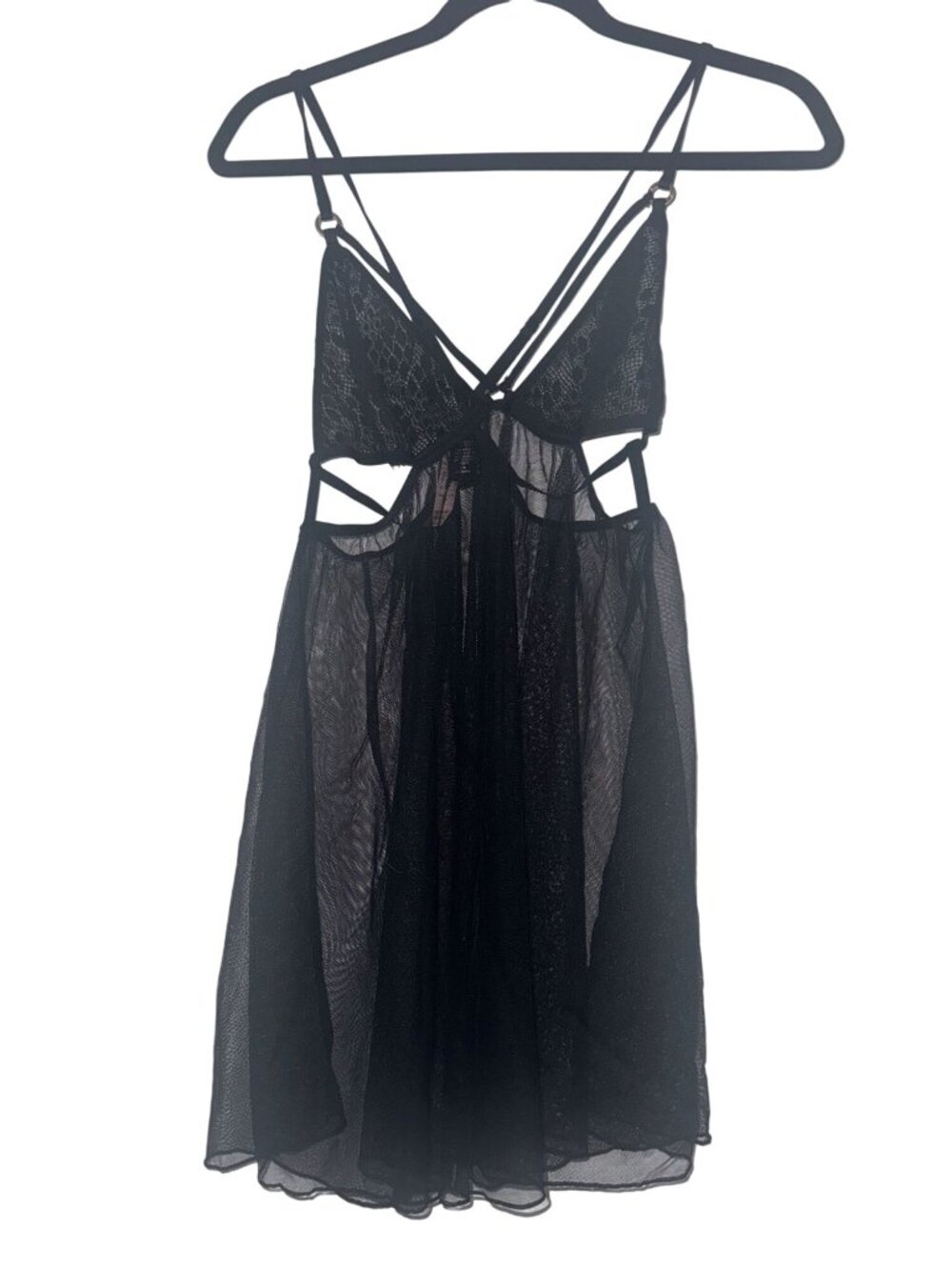 Victorias Secret Black Sheer Mesh Lace Lingerie Babydoll Dress With Strappy Deta - Picture 1 of 11
